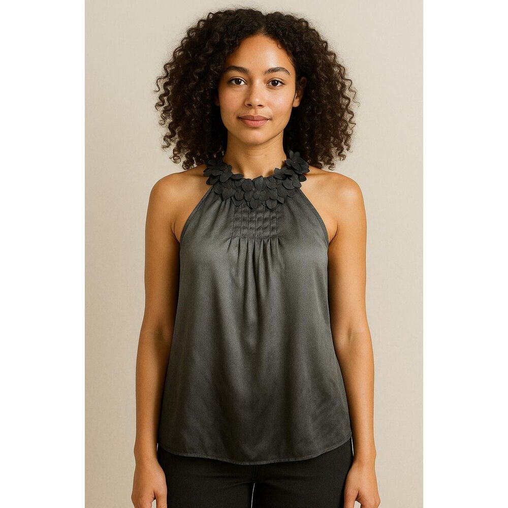 Violet & Claire Y2K Womens Top sz L Charcoal GREY Sleeveless Quirky Tank Hearts